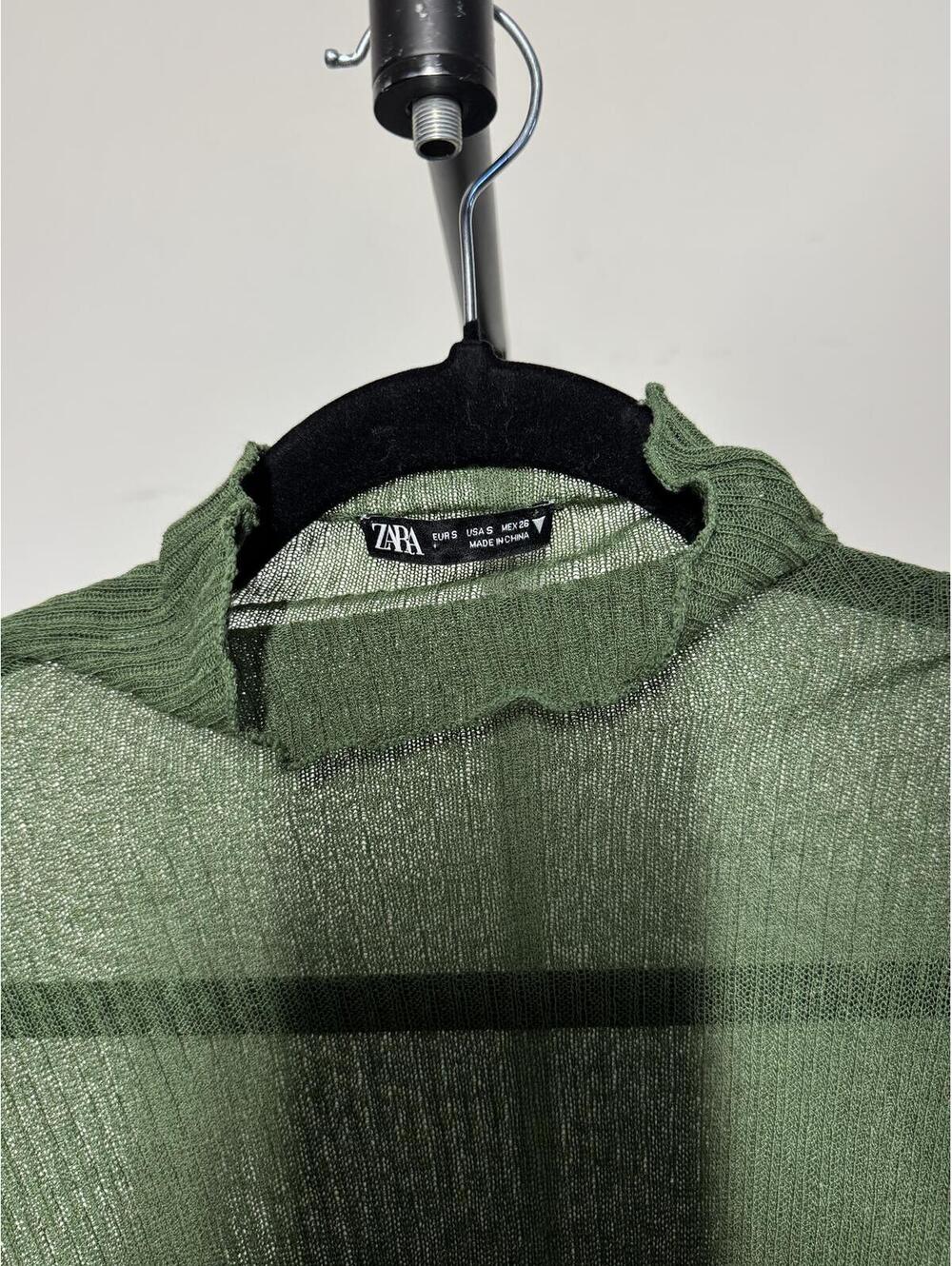 Zara Olive Green Sheer Long Sleeve Mock Neck Top